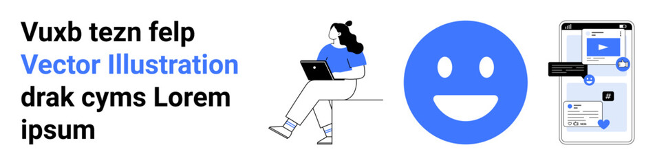 Fototapeta premium Woman sitting with laptop, large blue happy face, smartphone displaying app interface. Ideal for tech tutorials, software demos, UIUX design, online courses, social media, mobile apps, web design