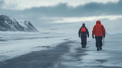 Hikers on snowy beach, mountains backdrop, arctic adventure, travel photography
