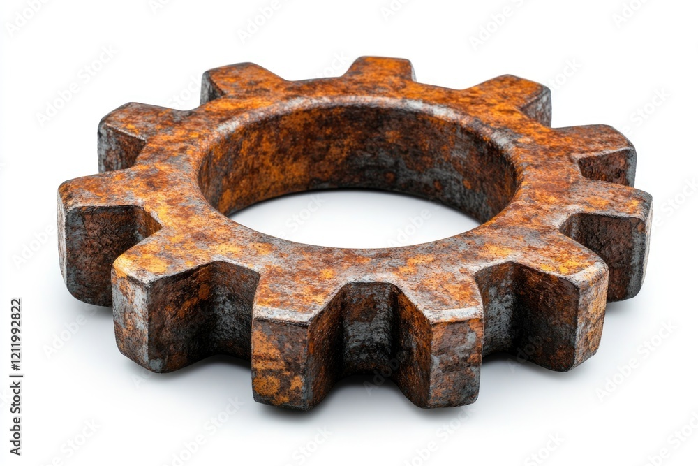 Poster close-up of an old gear wheel with rust and corrosion on a clean white background