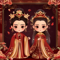 A cartoon illustration of a Chinese bride and groom in traditional wedding attire, standing against a burgundy background with gold accents.