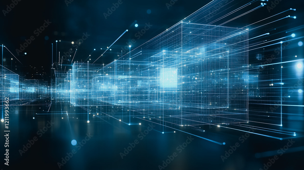 Poster digital matrix: abstract visualization of interconnected data streams and digital blocks forming a f