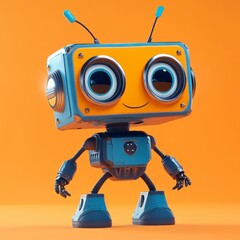 Friendly Robot Character with Bright Orange Background and Cheerful Expression