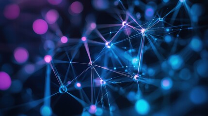 Obraz premium Abstract representation of interconnected nodes and lines in vibrant blue and purple hues, showcasing the concept of digital connections and network systems in modern technology.