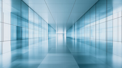 Obraz premium Modern Office Corridor: A minimalist perspective of a modern office corridor, with gleaming glass walls and a sleek, minimalist design, creating an ethereal atmosphere. 