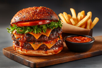 Juicy burger with layers of cheese, lettuce, and tomato, served with fries and sauce. delicious meal that satisfies cravings and brings joy