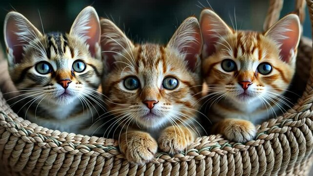 Three adorable kittens with bright eyes are snuggled together in a woven basket, enjoying the warm afternoon, International Cat Day concept