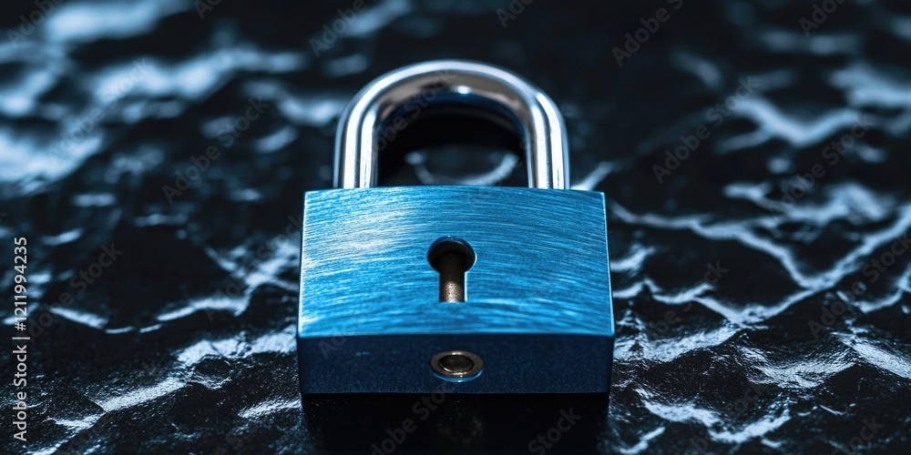 Poster A close-up of a blue padlock sitting on a flat surface, often used to secure objects or keep them confidential