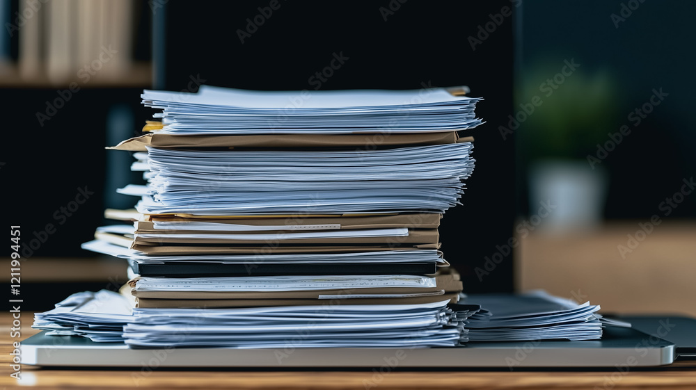 Poster high stack of documents on laptop: a large stack of papers and folders sits precariously atop a lapt