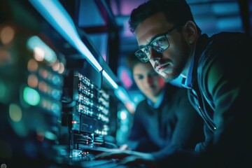 Focused technician troubleshooting a laptop issue in a vibrant tech lab environment with dramatic lighting, highlighting technical expertise and teamwork effort.