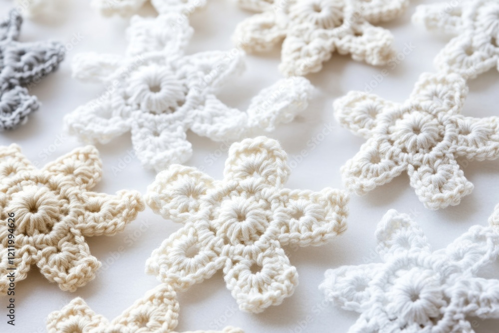 Poster a close-up shot of intricately crocheted snowflakes arranged on a table