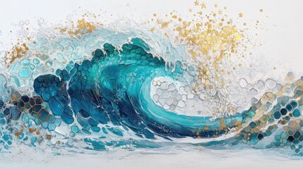 Vibrant Blue Wave with Golden Accents and Textured Patterns in Fluid Art Style