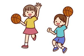 バスケットボールをする男の子と女の子