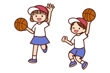 バスケットボールをする男の子と女の子