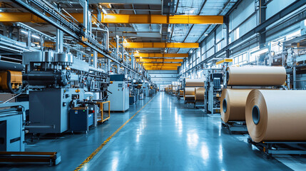 Fototapeta premium A sleek, modern paper factory with clean, industrial design, featuring advanced machinery and efficient production lines, surrounded by a minimalistic, organized environment.