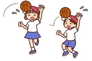 バスケットボールをする男の子と女の子