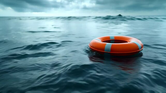 Orange life buoy floats on the waves of the sea.