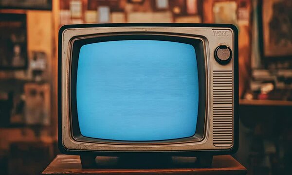 Vintage television with a static blue screen set against a warm wooden interior conveying a nostalgic atmosphere and classic style in a charming living space with a timeless design