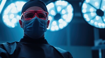 Surgeon in an operating room with surgical lights in the background