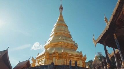 Fototapeta premium A majestic view of Wat Phra That Lampang Luang's golden chedi, glistening under the bright blue sky, surrounded by ancient structures.