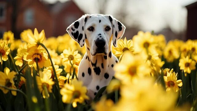 Dalmatian dog staying Outdoors in yellow Daffodil flowers on a Sunny Spring Day. Pet Enjoying the Beauty of Narcissus Blossoms. Springtime and Pet Happiness Concept.