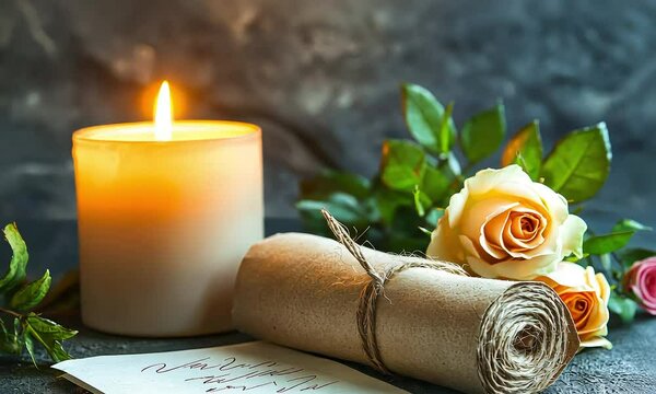 Warm candlelight with blooming roses and a decorative scroll creating a serene and romantic atmosphere in a peaceful setting