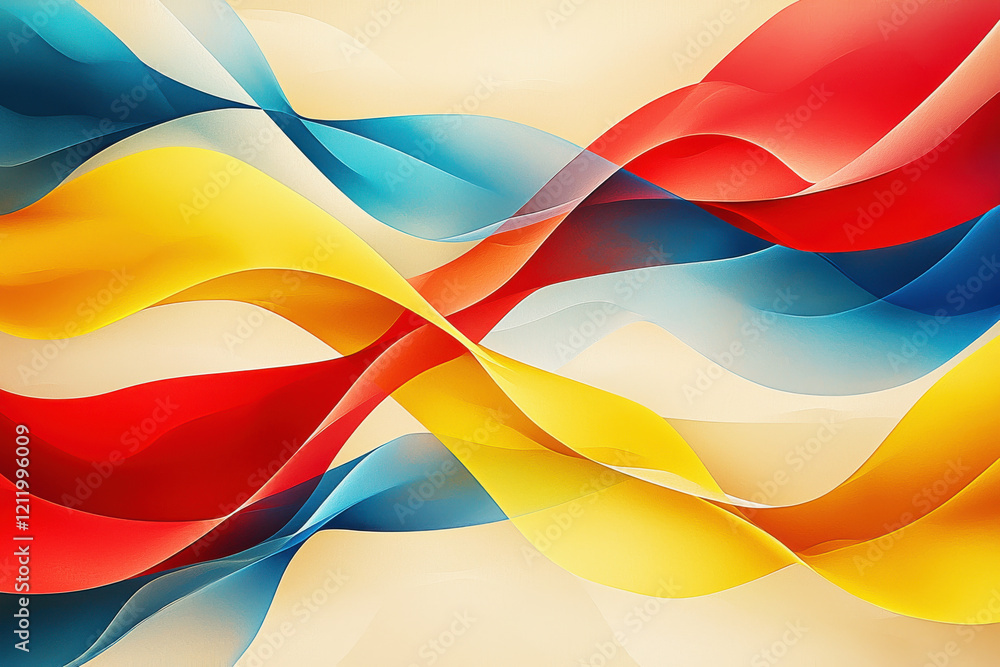 Poster vibrant abstract pattern showcases flowing ribbon shapes in bold colors on a soft beige background