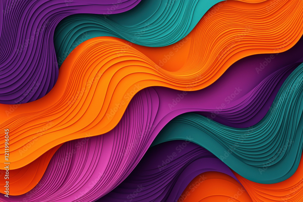 Poster vibrant abstract pattern with layered blobs and wavy lines in orange, purple, and teal gradients dis