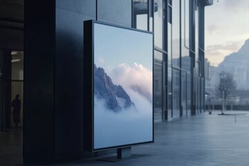 Fototapeta premium Modern Digital Display Showcasing Mountain Landscape in Urban Setting