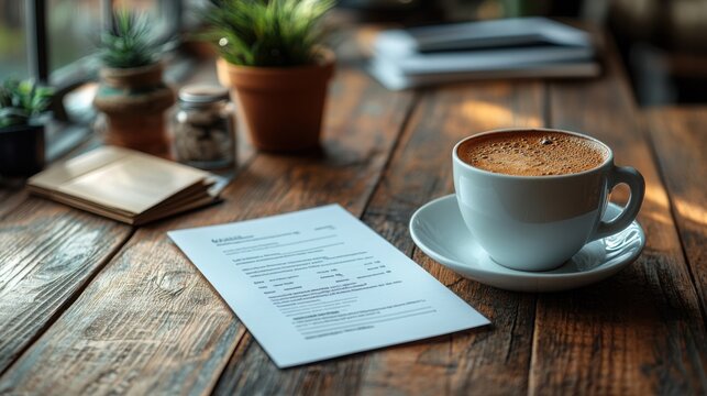 Cappuccino Coffee Break on Rustic Wooden Table with Application Form