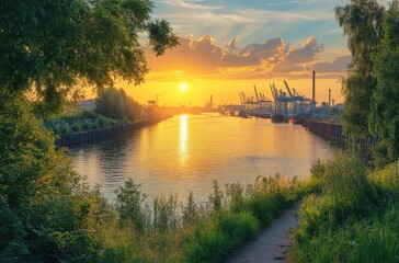 Fototapeta premium Serene Sunset Over Tranquil Waterway with Industrial Cranes and Lush Green Vegetation in a Scenic Landscape of Urban Nature