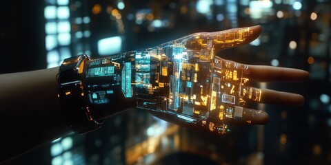 Cyborg hand reaching, city night, futuristic tech