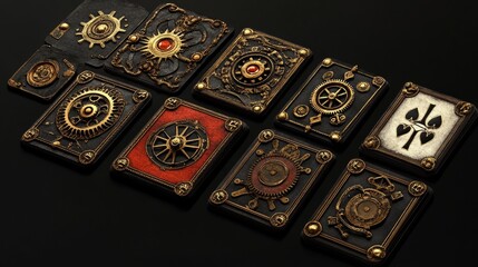 A set of poker cards featuring steampunk-themed designs and gears.