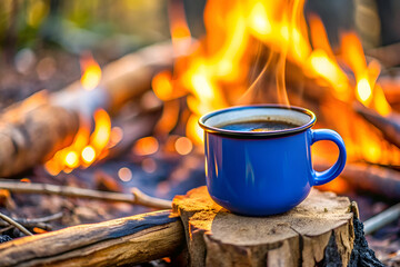Campfire Coffee. A Cozy Blue Mug by the Fire