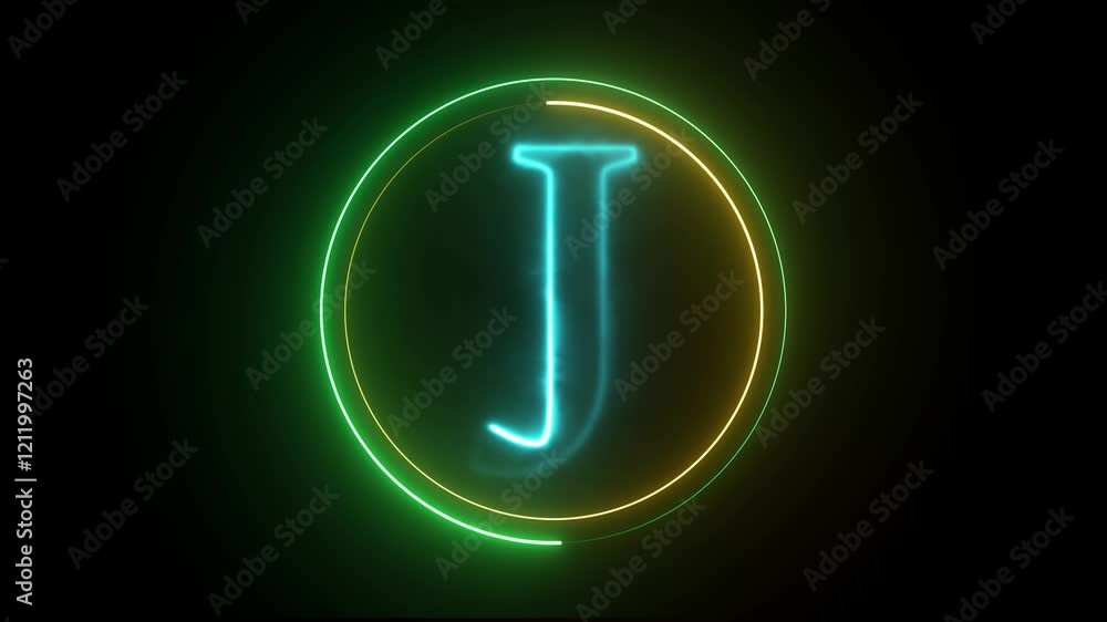 Poster glowing neon english j letter icon with circle animation on a black background. energy alphabet, fon