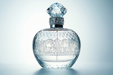 Vintage-inspired crystal perfume bottle showcasing intricate engravings and elegant design on a white background