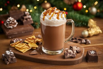 Indulge in a delicious hot chocolate topped with whipped cream and caramel shards, perfect for festive celebrations and cozy winter evenings, surrounded by chocolates and holiday decor.