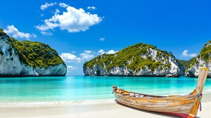 Seaside Serenity: Wooden Boat Nestled on the Shoreline