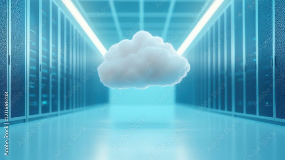 Poster a digital cloud floats in a modern data center, illuminated by blue lights, symbolizing cloud comput
