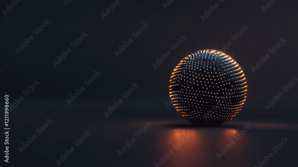 Poster a metallic sphere covered in glowing dots rests on a dark surface, creating a striking contrast with