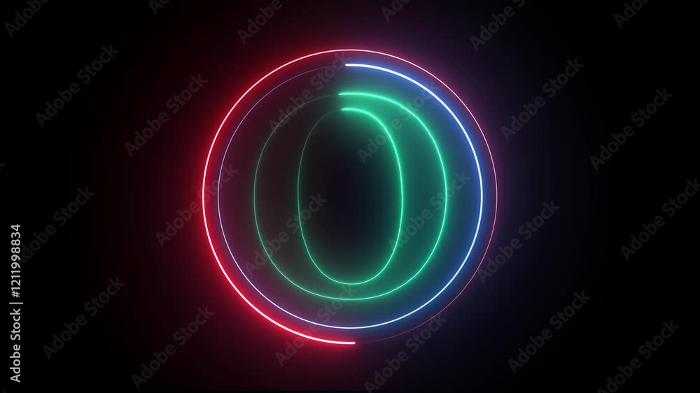 Poster glowing neon english o letter icon with circle animation on a black background. energy alphabet, fon