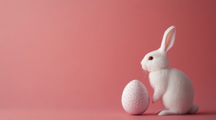 White rabbit with spotted easter egg on peach background