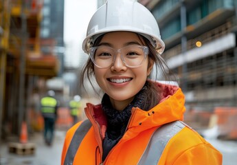 Fototapeta premium Smiling young woman in a bright safety jacket and hard hat poses confidently on a construction site, showcasing her enthusiasm and professionalism in the industry