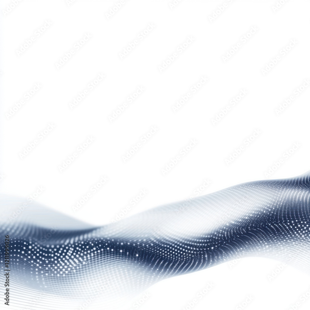 Poster a smooth wave-like pattern of blue dots on a light background, suggesting depth and movement in a di
