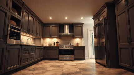 Fototapeta premium Modern Gray Kitchen: Sleek Design with Warm Wood Accents