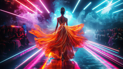 Virtual model showcases holographic couture gown on a futuristic digital runway with vibrant neon lights and a lively virtual audience