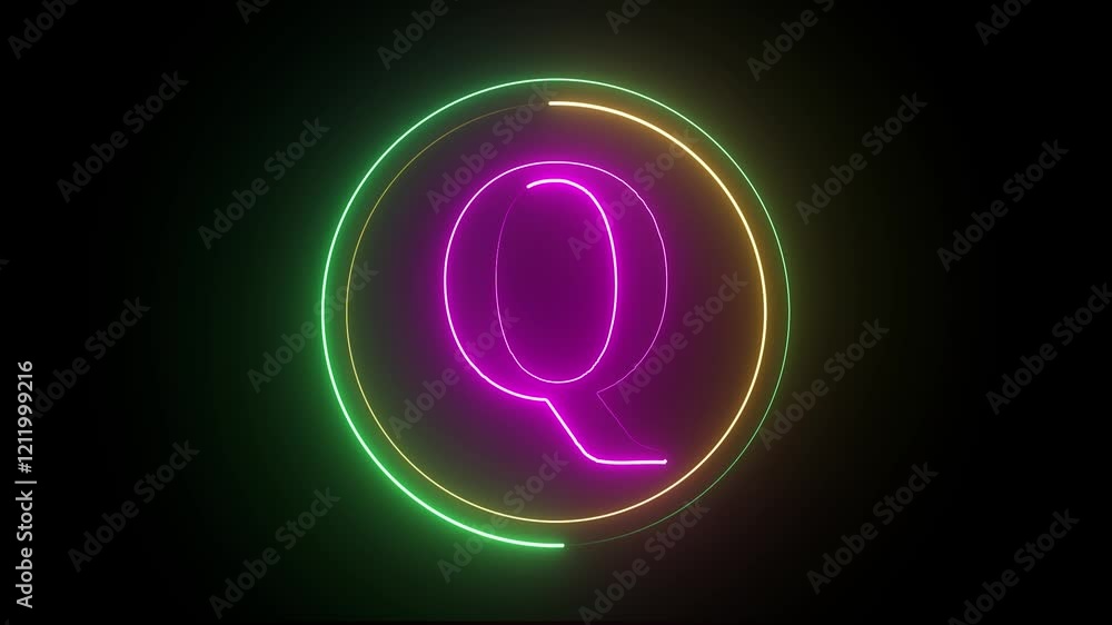 Poster glowing neon english q letter icon with circle animation on a black background. energy alphabet, fon