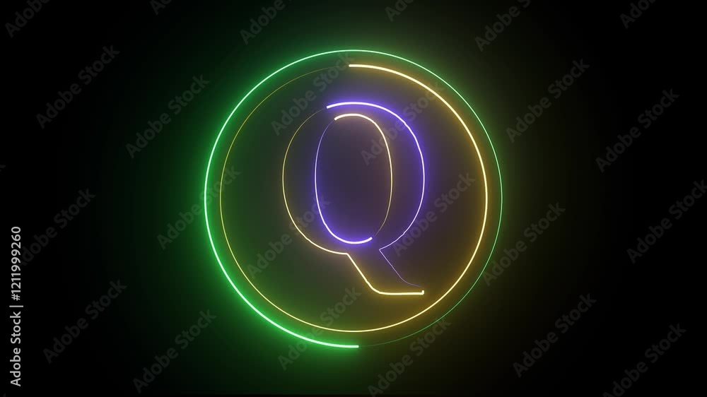 Poster glowing neon english q letter icon with circle animation on a black background. energy alphabet, fon