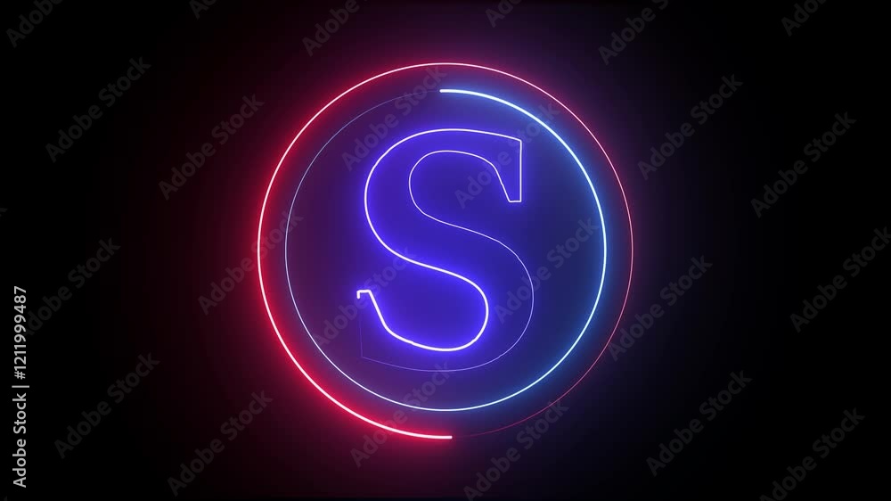 Poster glowing neon english s letter icon with circle animation on a black background. energy alphabet, fon