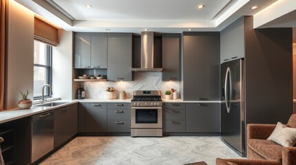  grey modern kitchen in a luxury apartment with stainless steel appliances. Natural earth tones, browns, and beiges create a dramatic, muted color palette
