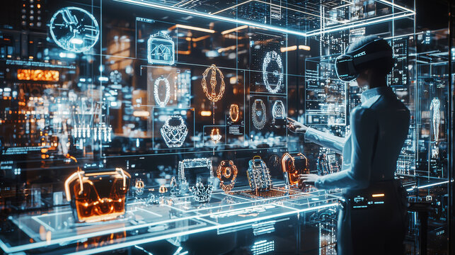 Virtual reality fashion designer showcases innovative digital accessories in a futuristic design environment - Powered by Adobe